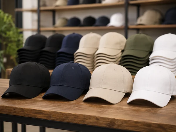 Stacked rows of blank plain caps in black, navy, khaki and white ready for bulk supply