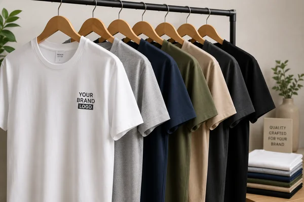 Rack of plain custom t-shirts in white, grey, navy, olive, khaki and black with a printed brand logo