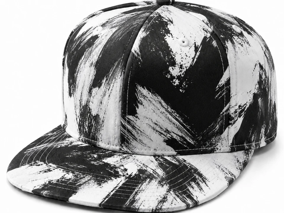 Custom sublimation-print hats prepared for all-over artwork
