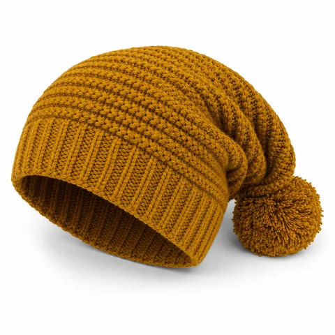 Extra-long chunky-knit pom-pom beanie front-left three-quarter view