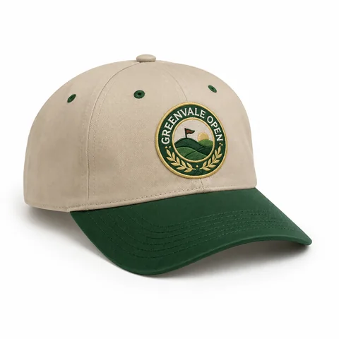 Promotional Caps, beige forest green front left three-quarter view