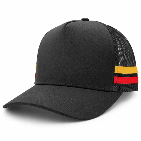 Mesh Trucker Hat With Side Tape, black front-left three-quarter view with yellow and red side tape