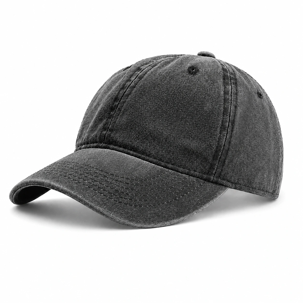 Washed black dad hat, front-left three-quarter view