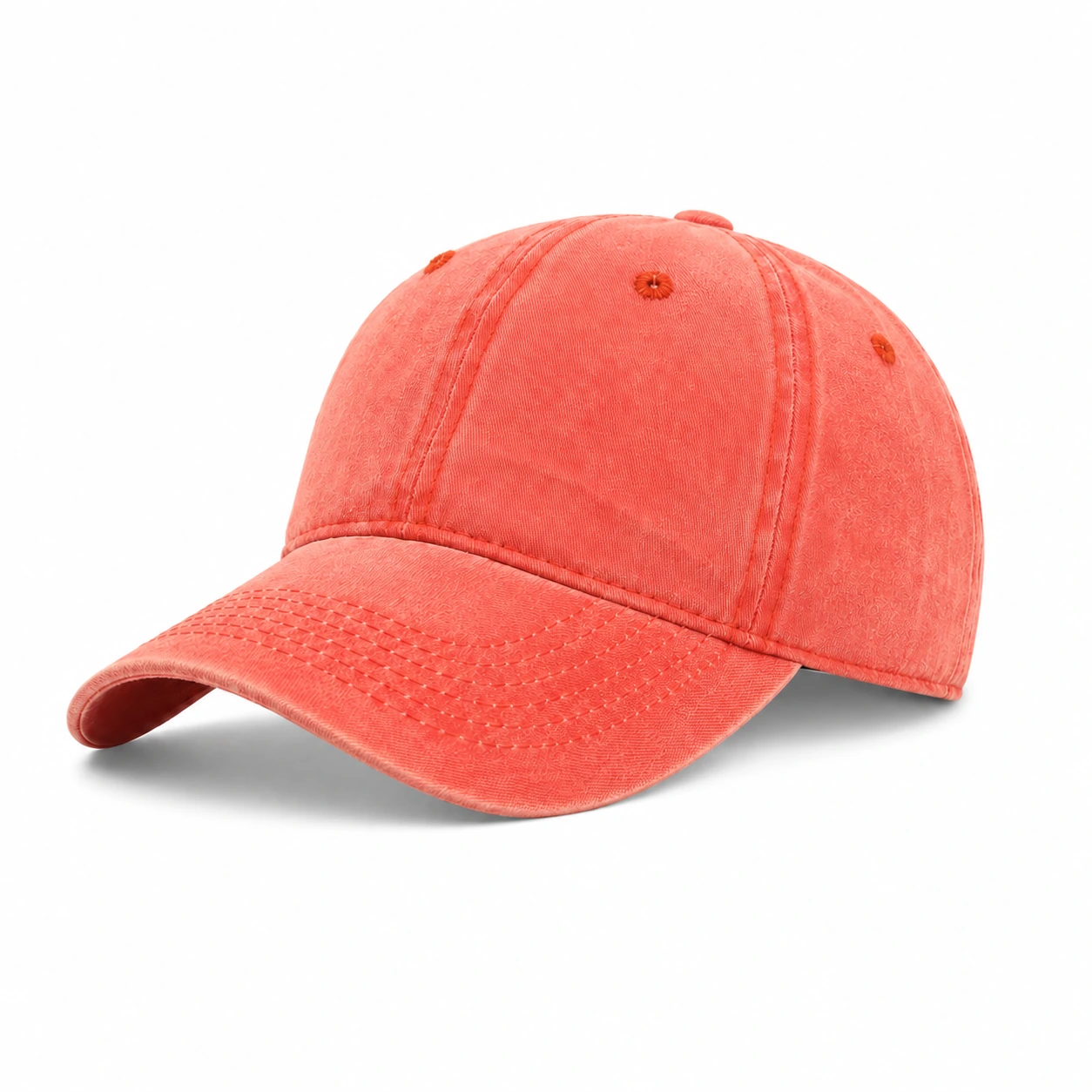Washed red dad hat, front-left three-quarter view