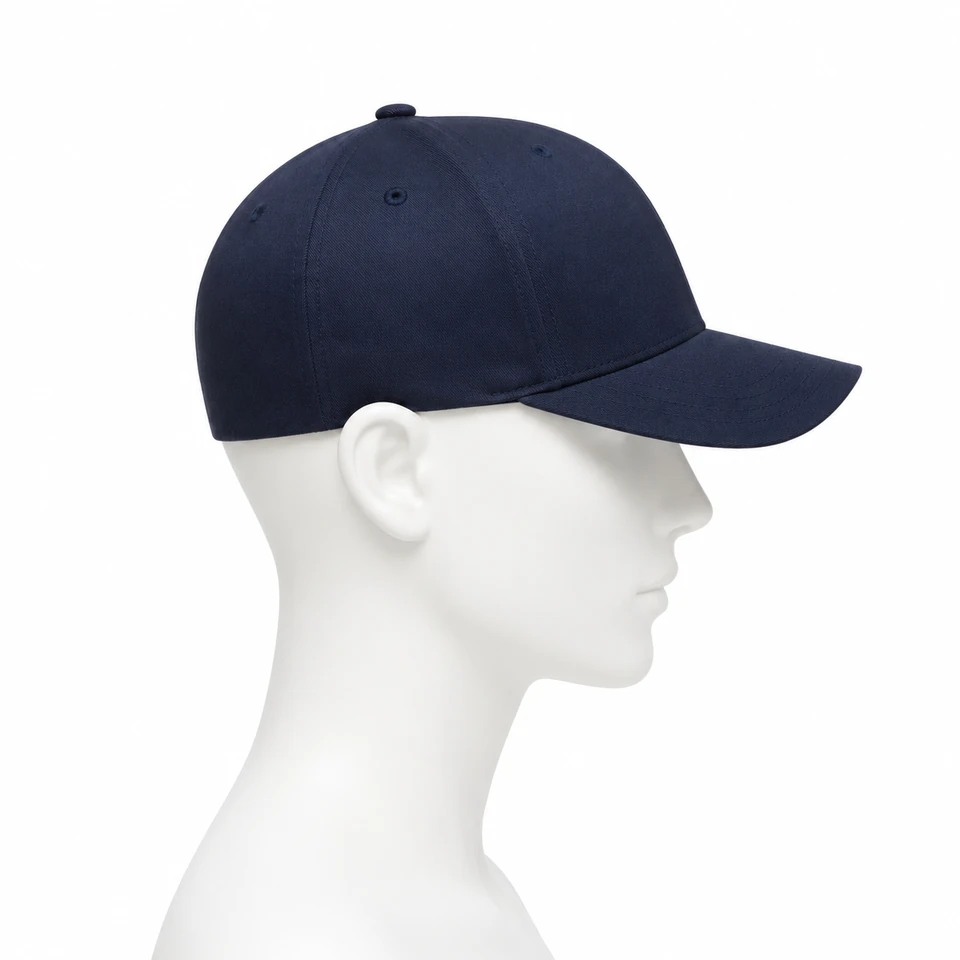 Blue stretch-fit cap โ rear construction reference