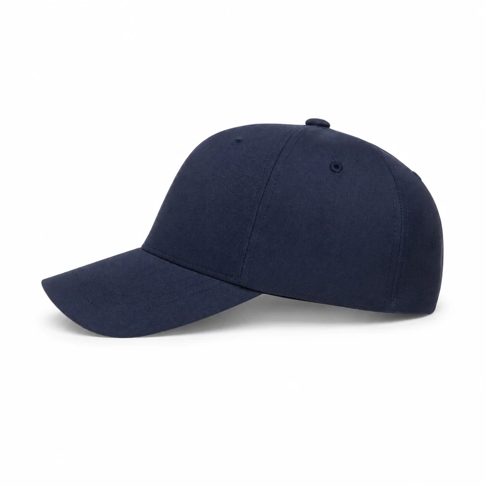 Blue structured stretch-fit cap โ side profile