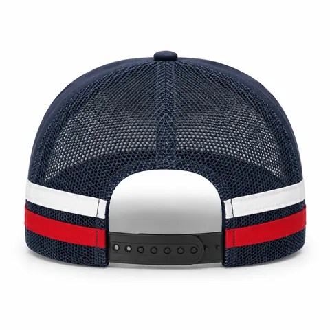 Blue mesh trucker hat with white and red side tape — back view