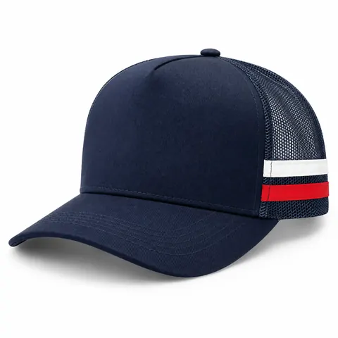 Blue mesh trucker hat with white and red side tape — front-left 3Q view