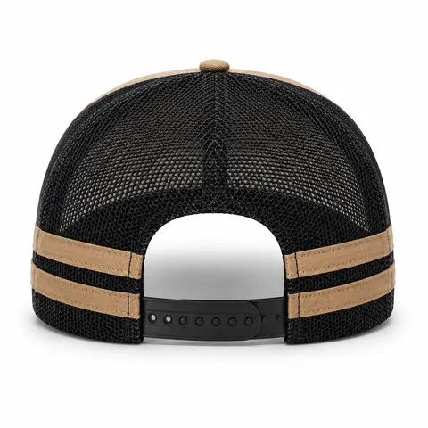 Khaki mesh trucker hat with side tape — back view