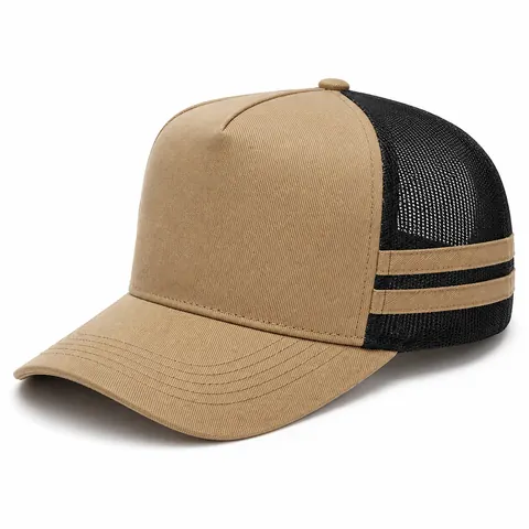 Khaki mesh trucker hat with side tape — colour reference