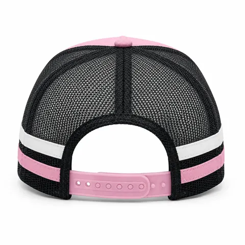 Pink mesh trucker hat with white and pink side tape — back view