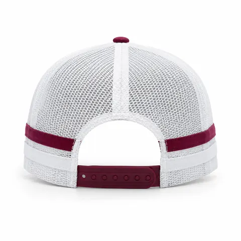 Red mesh trucker hat with red and white side tape — back view
