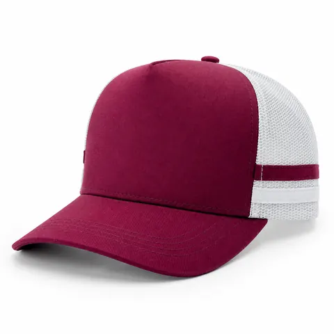 Red mesh trucker hat with red and white side tape — colour reference